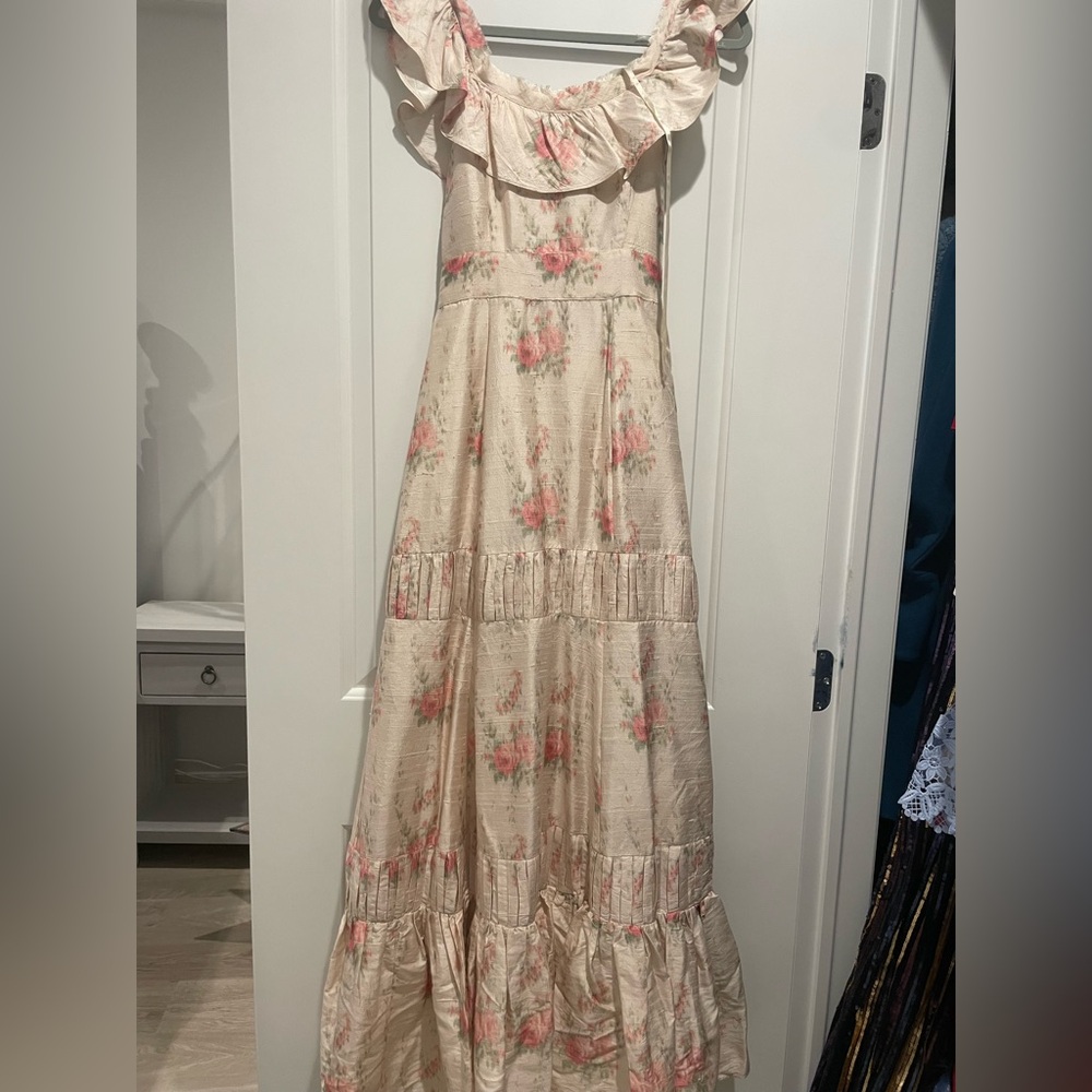 LoveShackFancy Cream and Pink Floral Maxi Dress